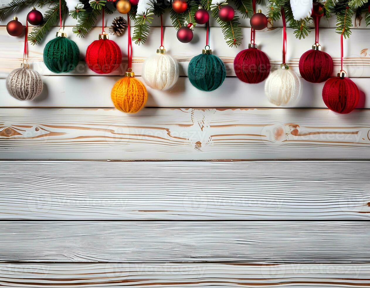 AI generated Winter background made of light wooden planks, some Christmas tree and baubles, glass and knitted photo