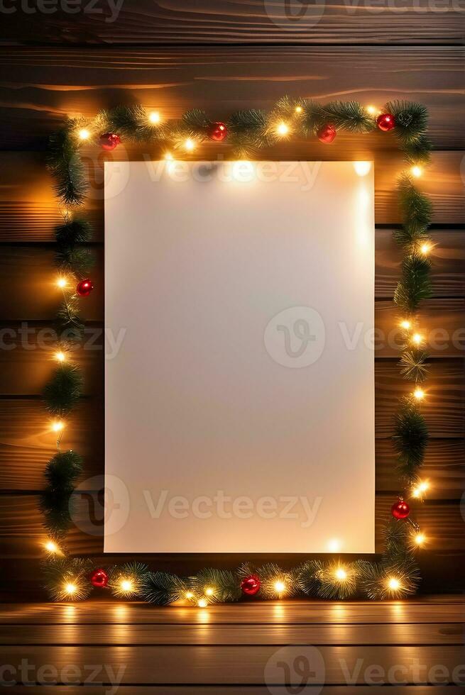 AI generated Wooden planks background with paper, frame of Christmas lights, fir tree, baubles, evening lighting photo