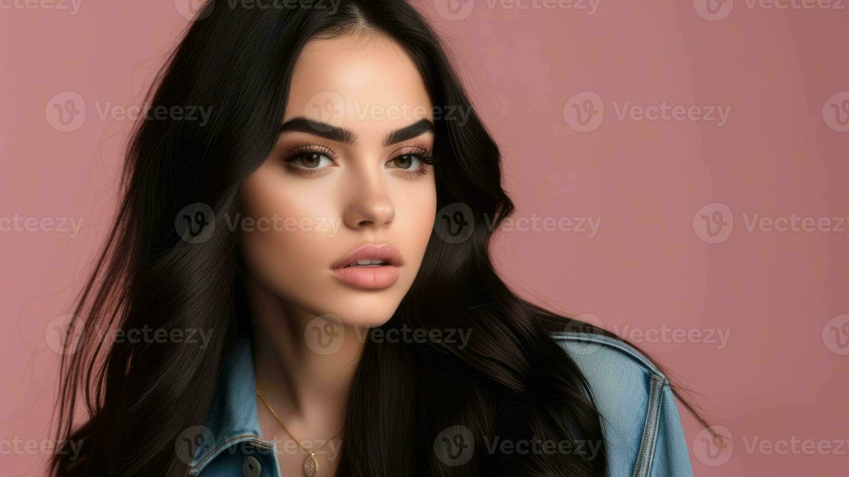 Studio portrait of a young teenage girl on pink background, fashion concept, cosmetics, perfect skin and hair, babyface, AI generated photo