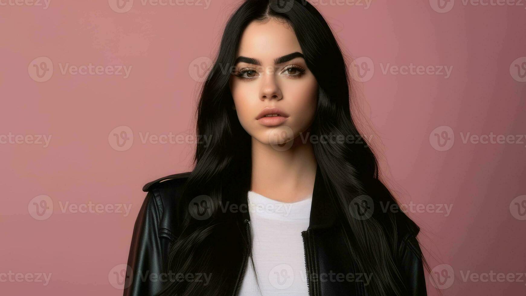 Studio portrait of a young teenage girl on pink background, fashion concept, cosmetics, perfect skin and hair, babyface, AI generated photo