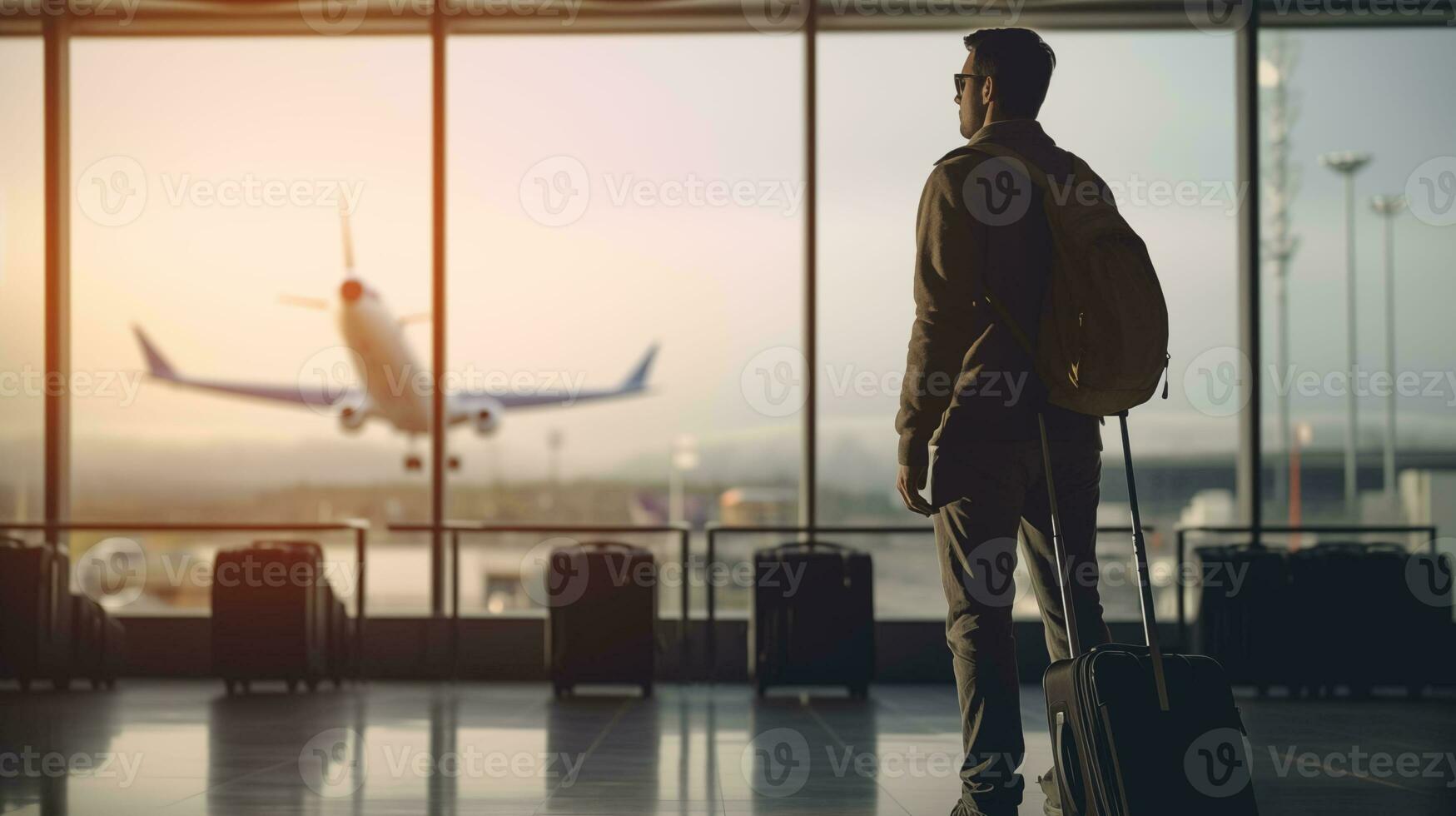 AI generated traveler man standing in standing at the airport window at Airport Terminal AI Generative photo