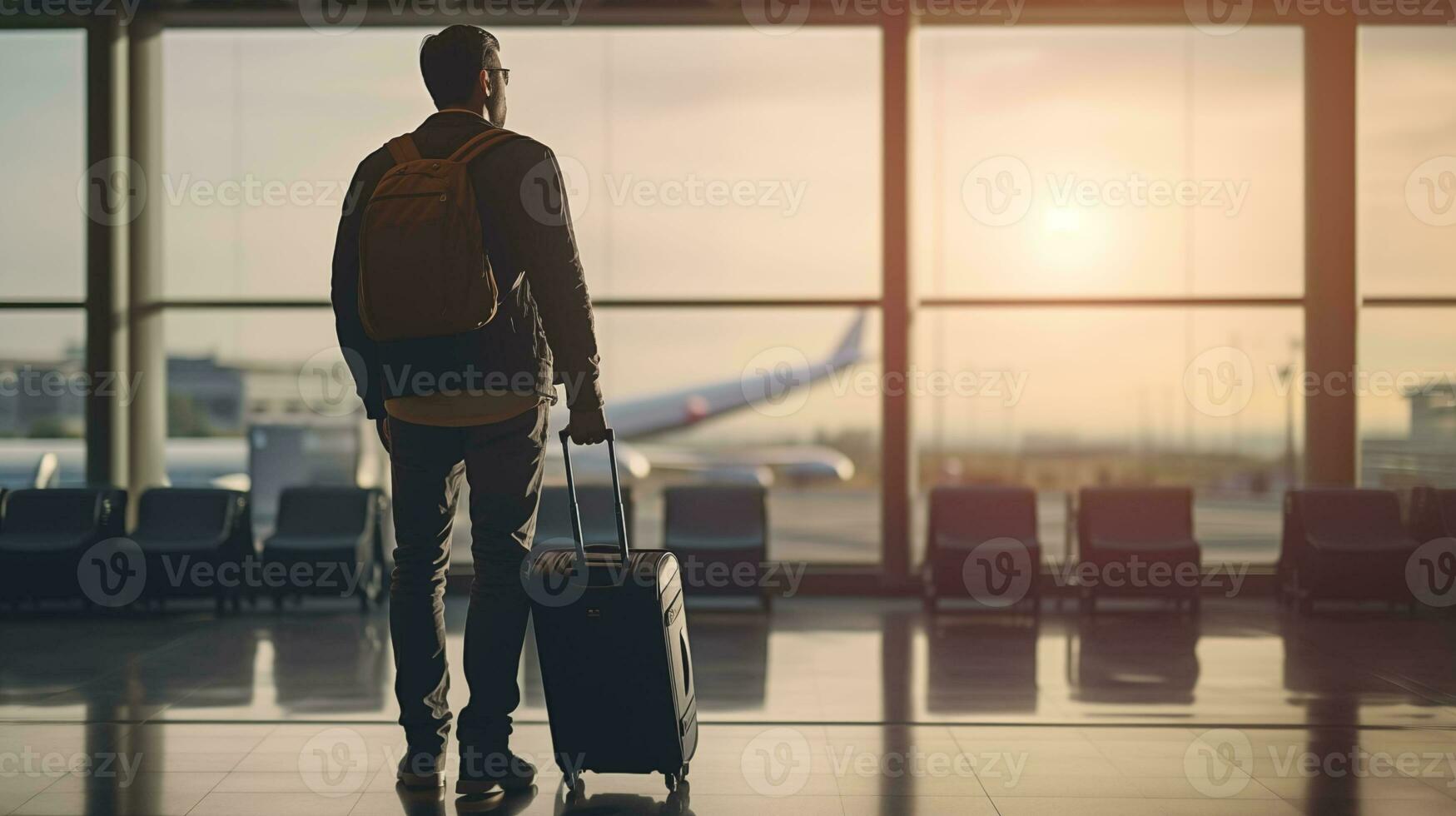 AI generated traveler man standing in standing at the airport window at Airport Terminal AI Generative photo
