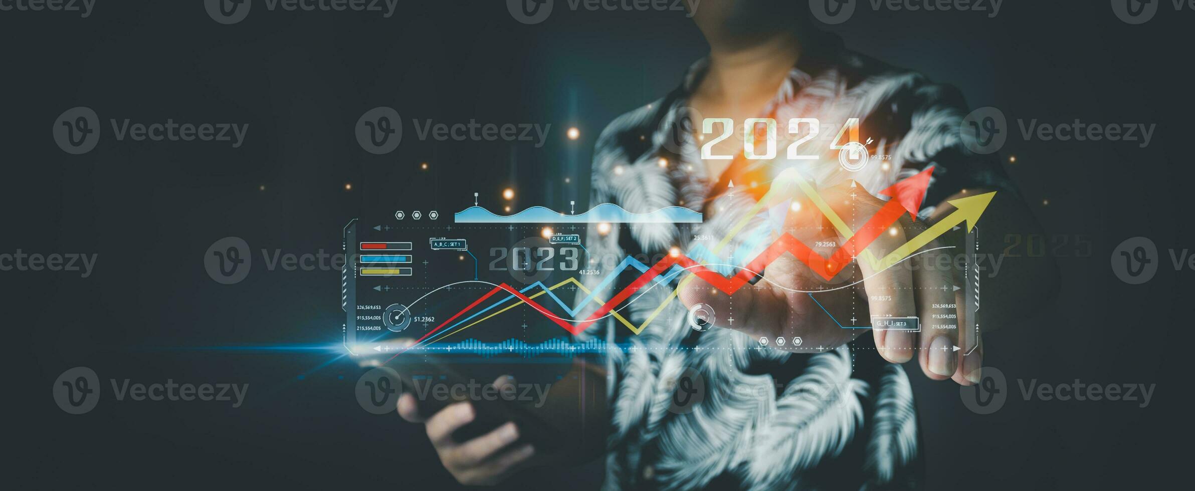 Entrepreneurs connect to the internet to invest and analyze stocks. In 2024, holographic graphics emerge from mobile phone screens. photo