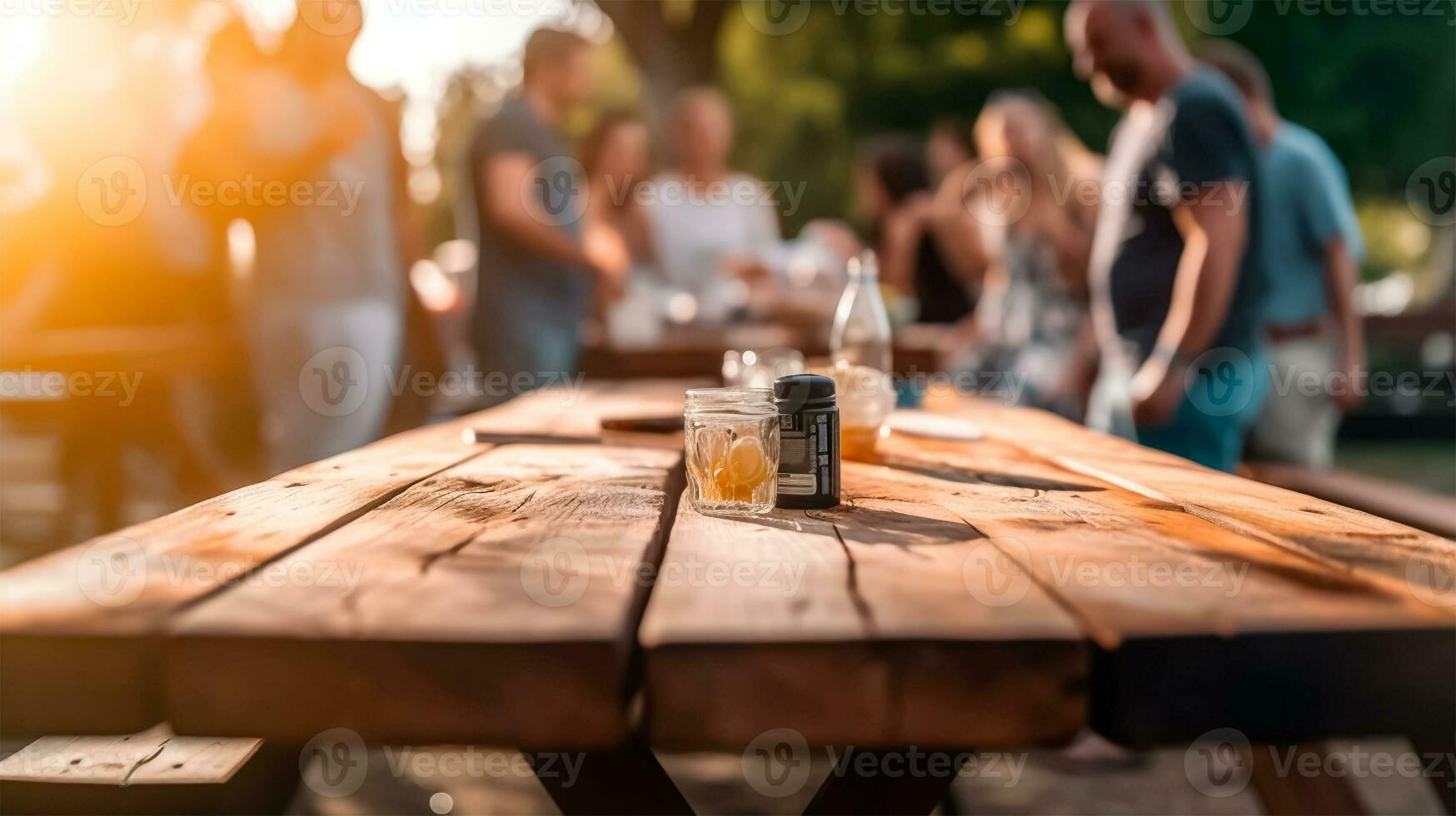 ai generado un de madera mesa en el jardín durante el parilla temporada para producto presentación y publicidad foto