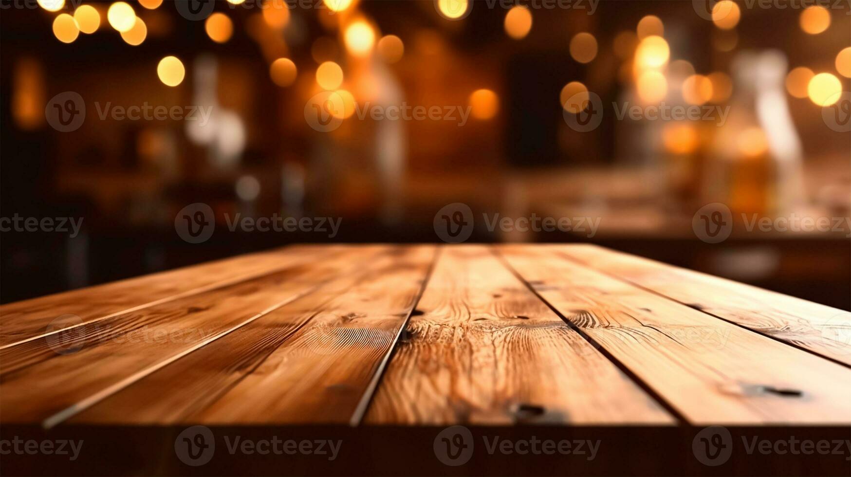 ai generado un de madera mesa en el jardín con borroso fiesta bokeh en el antecedentes para producto presentación y publicidad foto