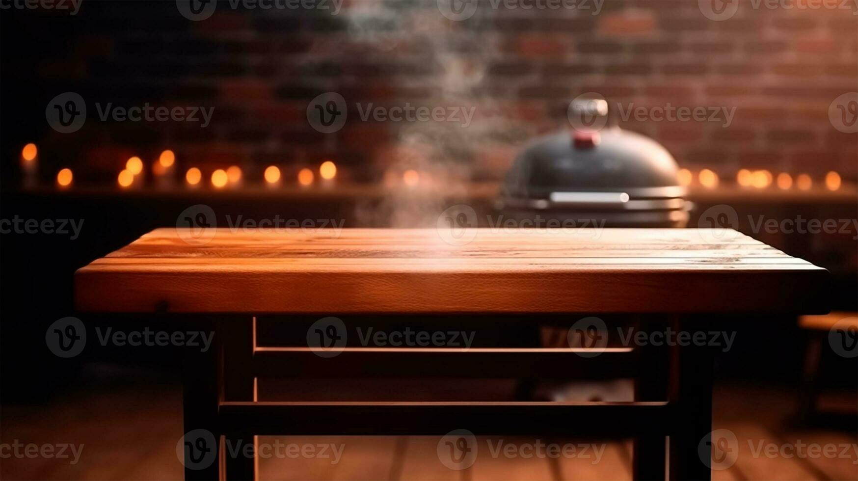 AI Generated a wooden table in the garden during the barbecue season for product presentation and advertising photo