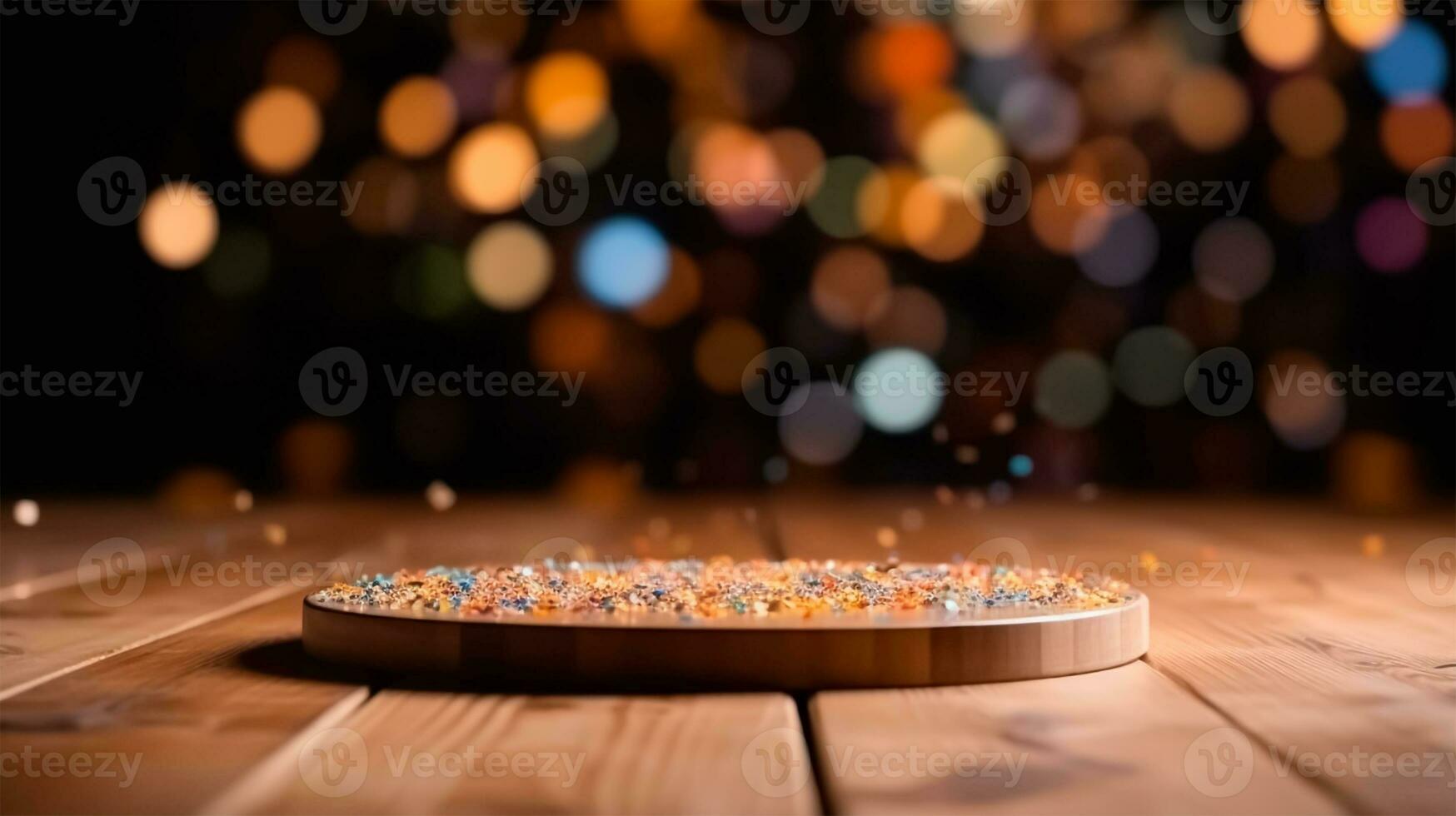 AI Generated a wooden table in the garden with blurred party bokeh in the background for product presentation and advertising photo