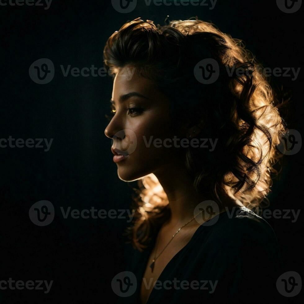 AI generated Side view of dark portrait of a woman on black background photo