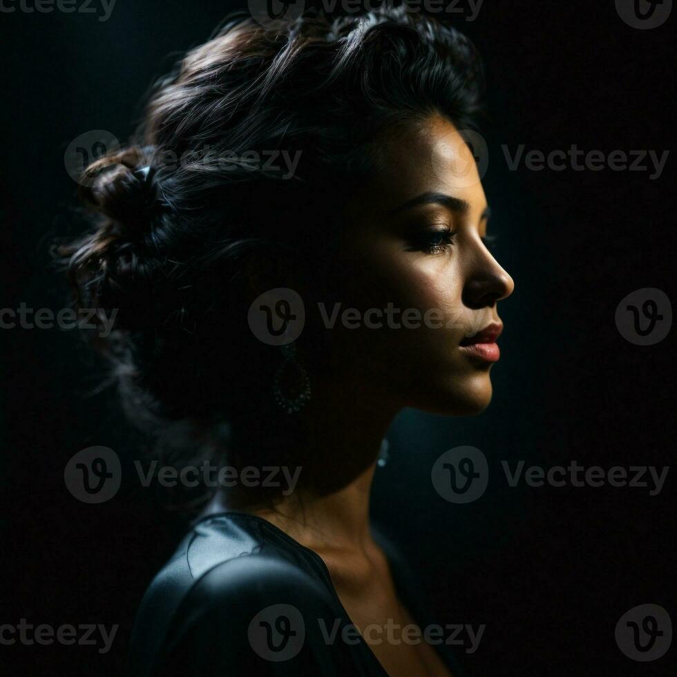 ai generado lado ver de oscuro retrato de un mujer en negro antecedentes foto