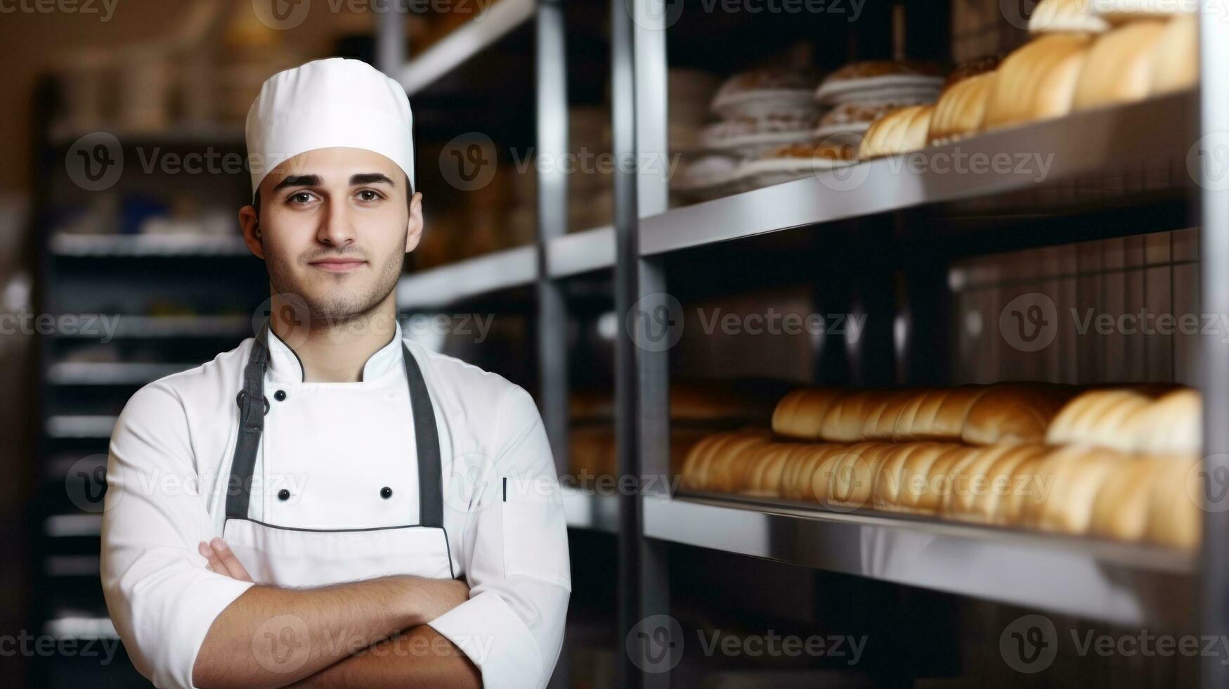 ai generado un cocinero vistiendo un sombrero soportes en frente de un monitor de recién horneado un pan. generativo ai foto