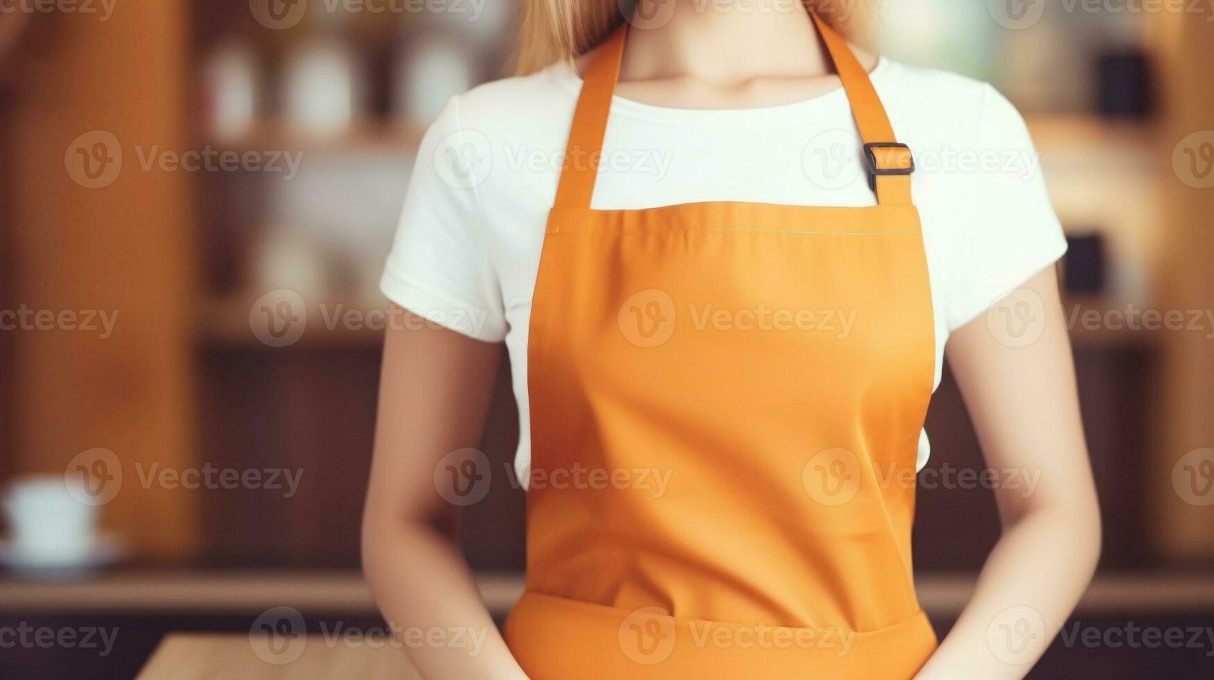 AI generated A chef woman in an orange apron standing in front of a table. Generative AI photo