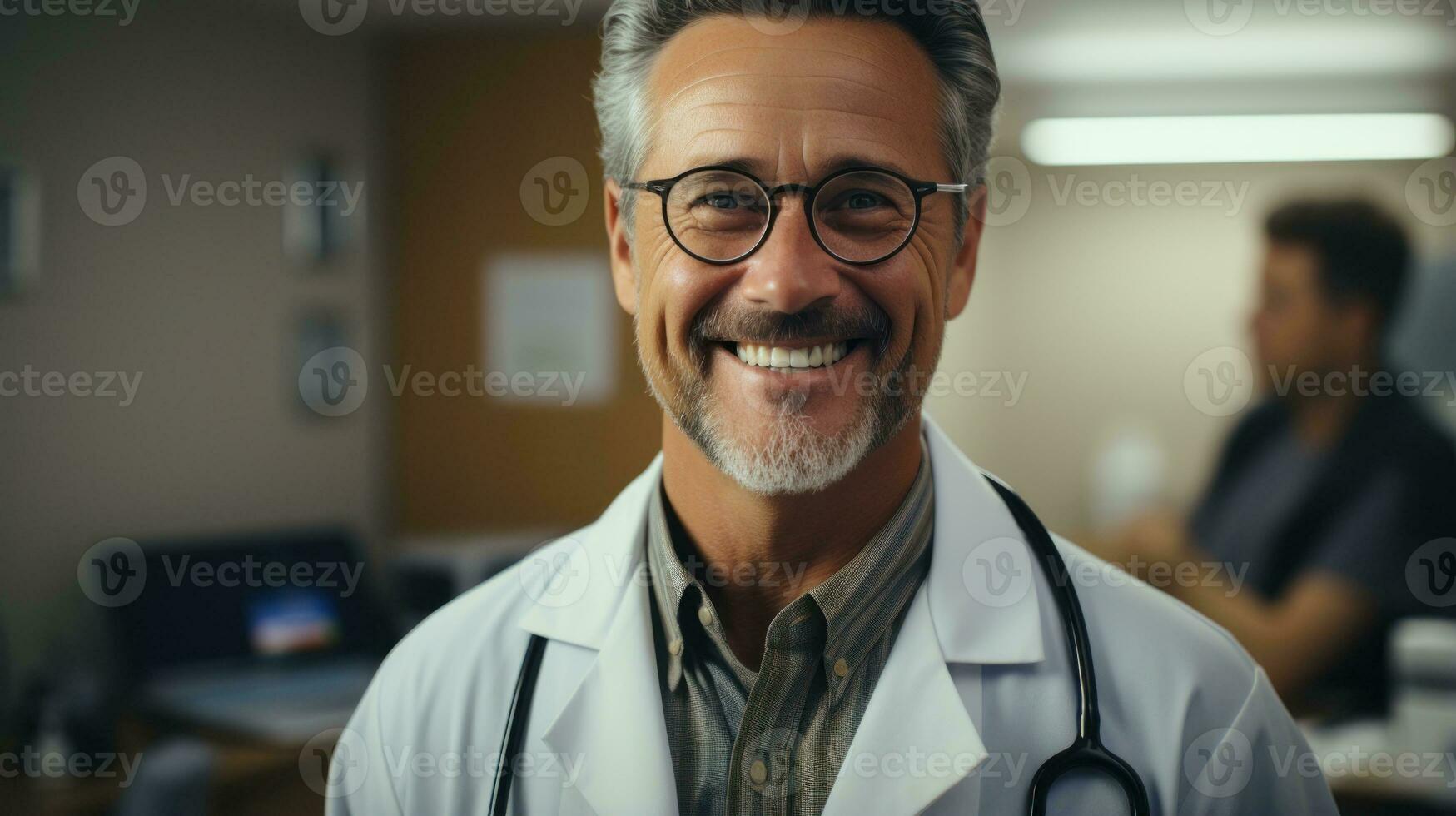 ai generado sonriente masculino médico en blanco abrigo. generativo ai foto