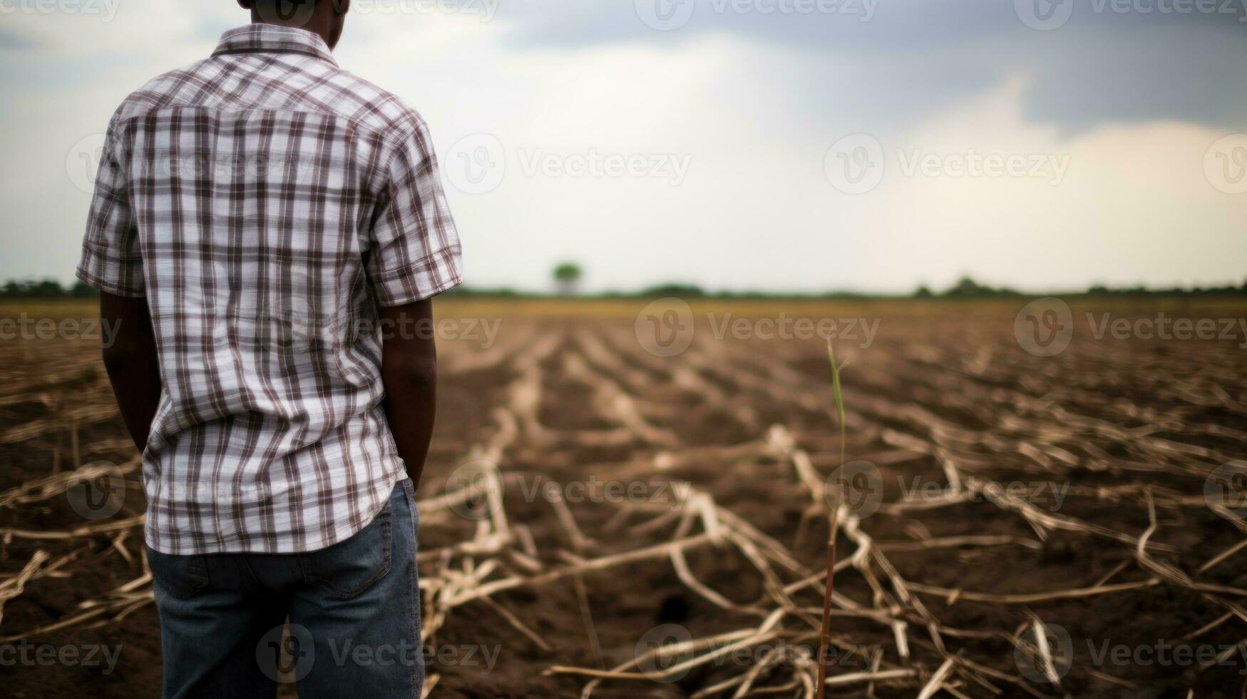 ai generado hombre en pie en campo mirando a cielo. generativo ai foto