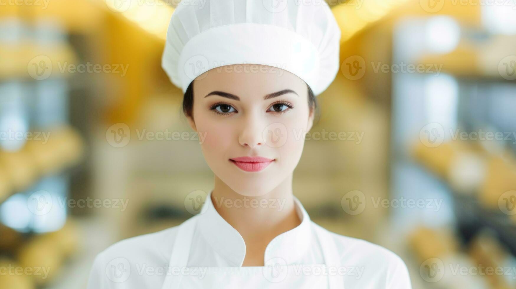 AI generated Female chef stands in a bakery surrounded by delicious pastries and breads. Generative AI photo