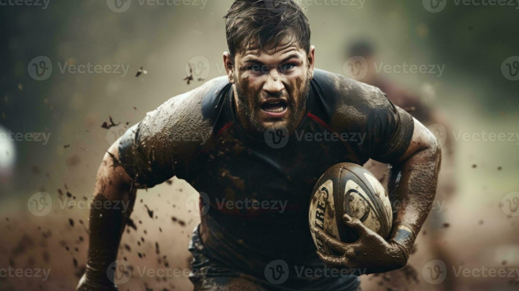 AI generated A rugby player covered in mud, running with a ball during a game. Generative AI photo