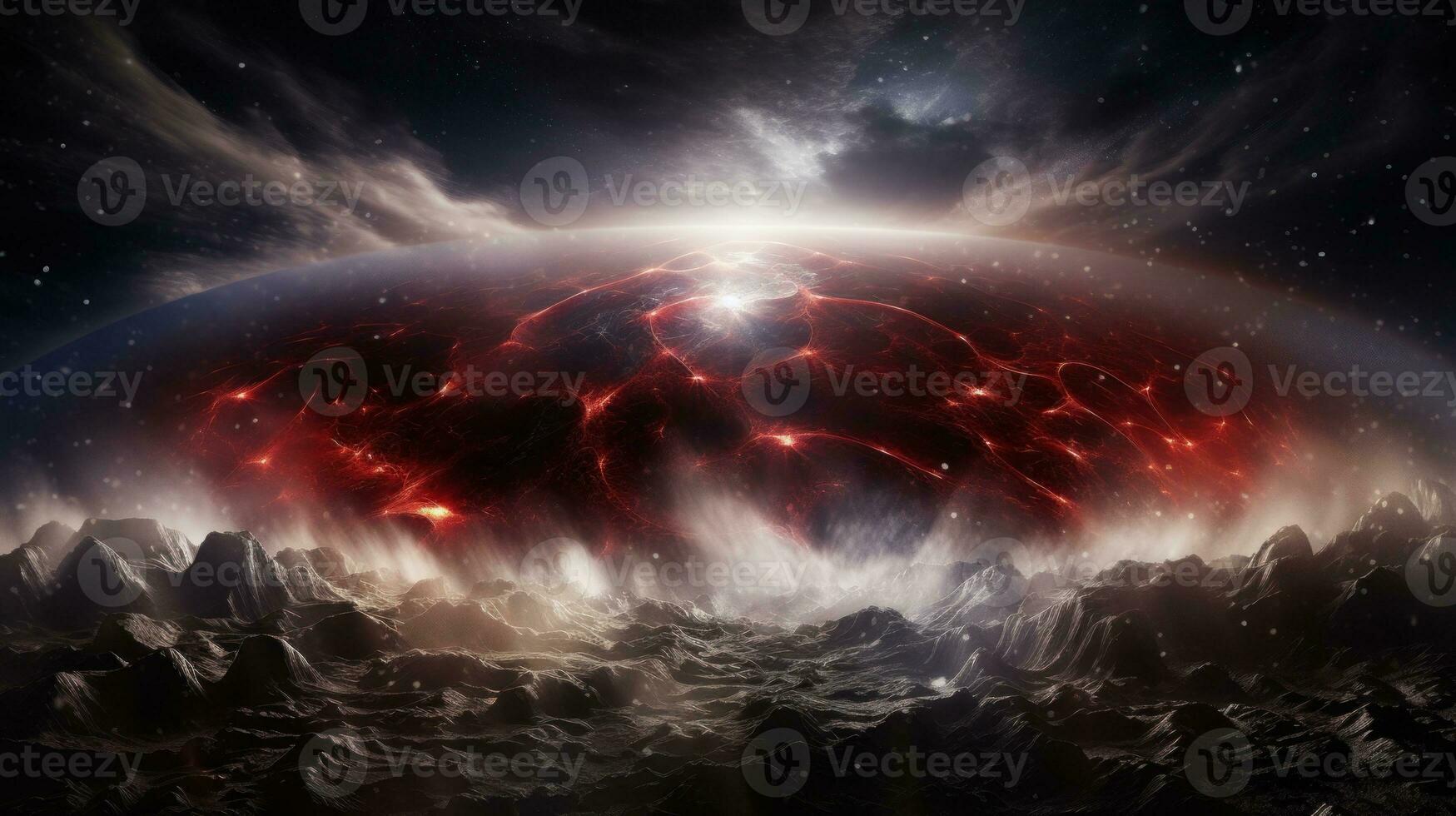 AI generated An alien planet with a red and black sky, showcasing an otherworldly landscape and mysterious atmosphere. Generative AI photo