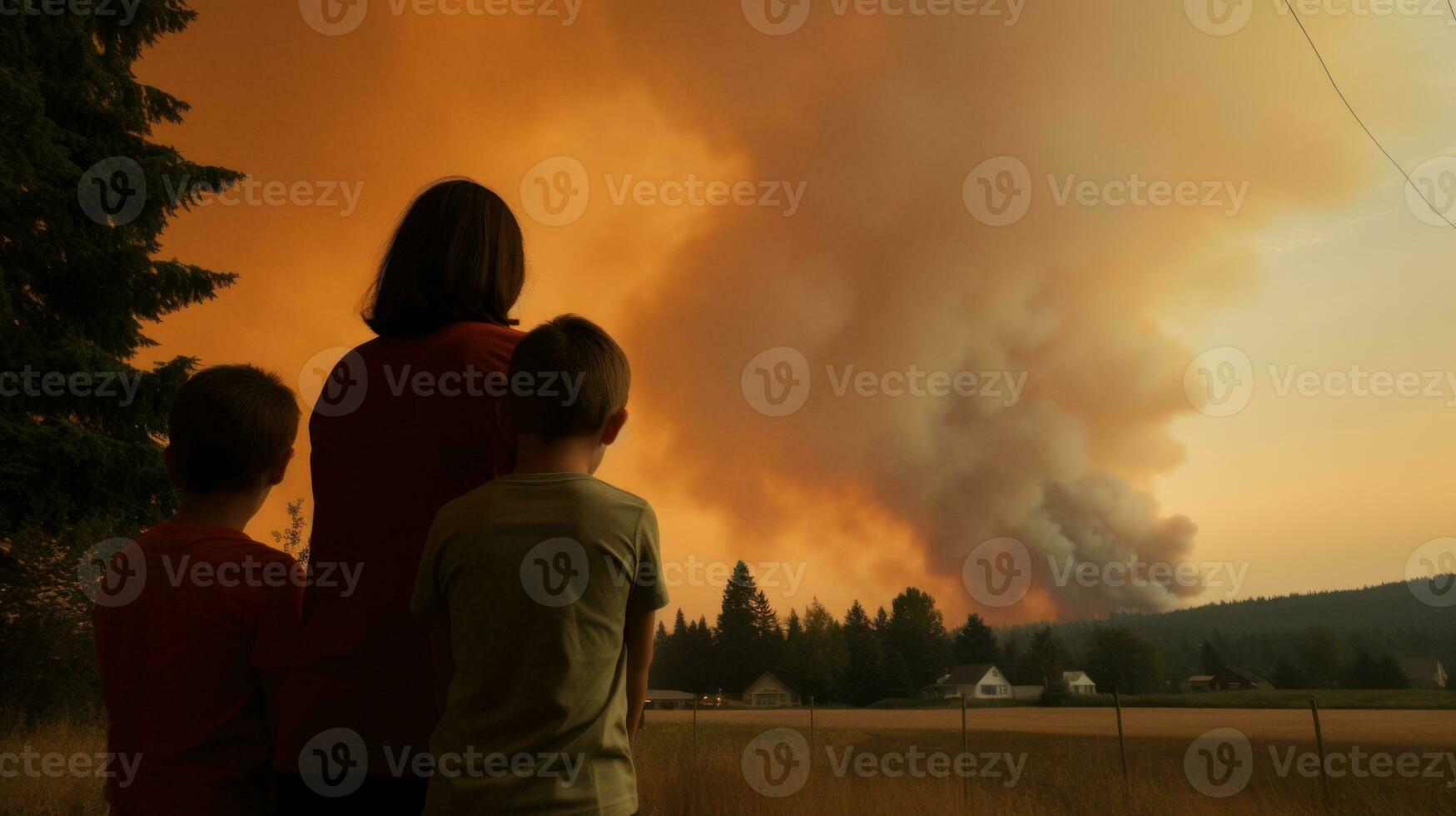 AI generated A family looks at the forest fire with fearful eyes. Generative AI photo