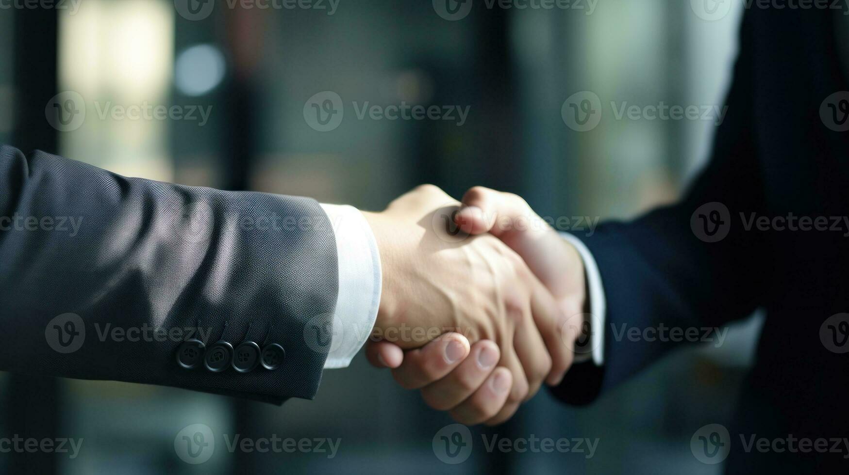 AI generated Two professionals shaking hands and signing an agreement in the office. Generative AI photo