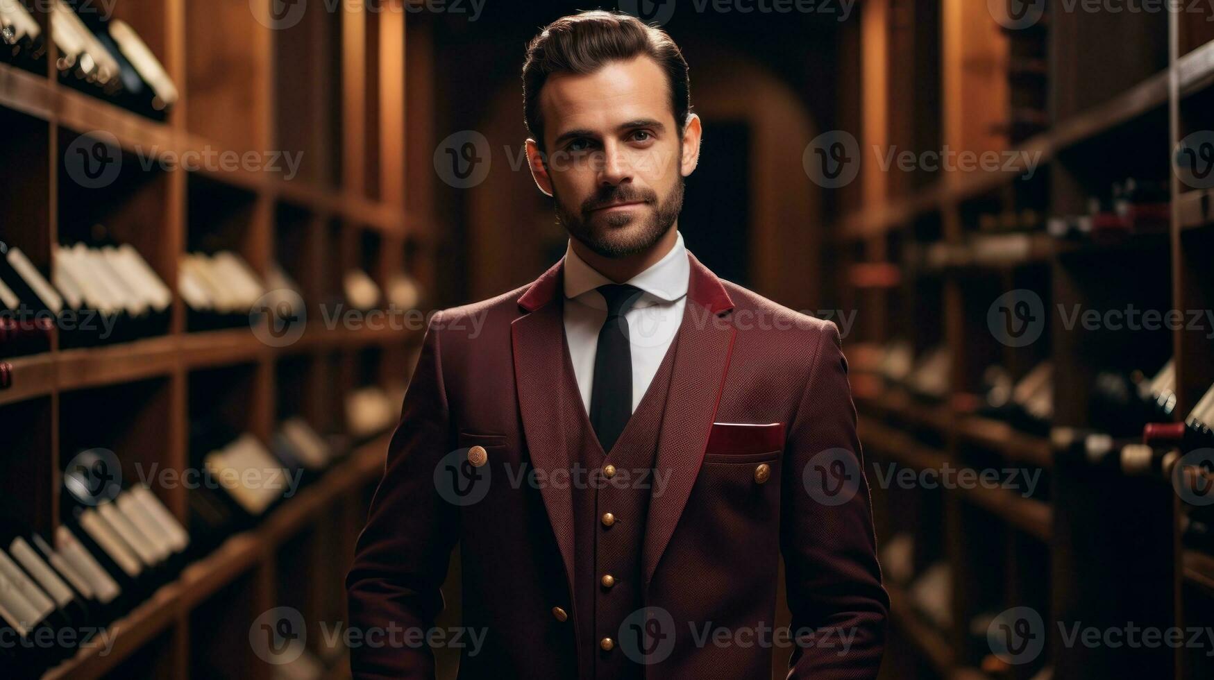 AI generated A businessman stands in a wine cellar surrounded by rows of wine bottles and wooden barrels. Generative AI photo