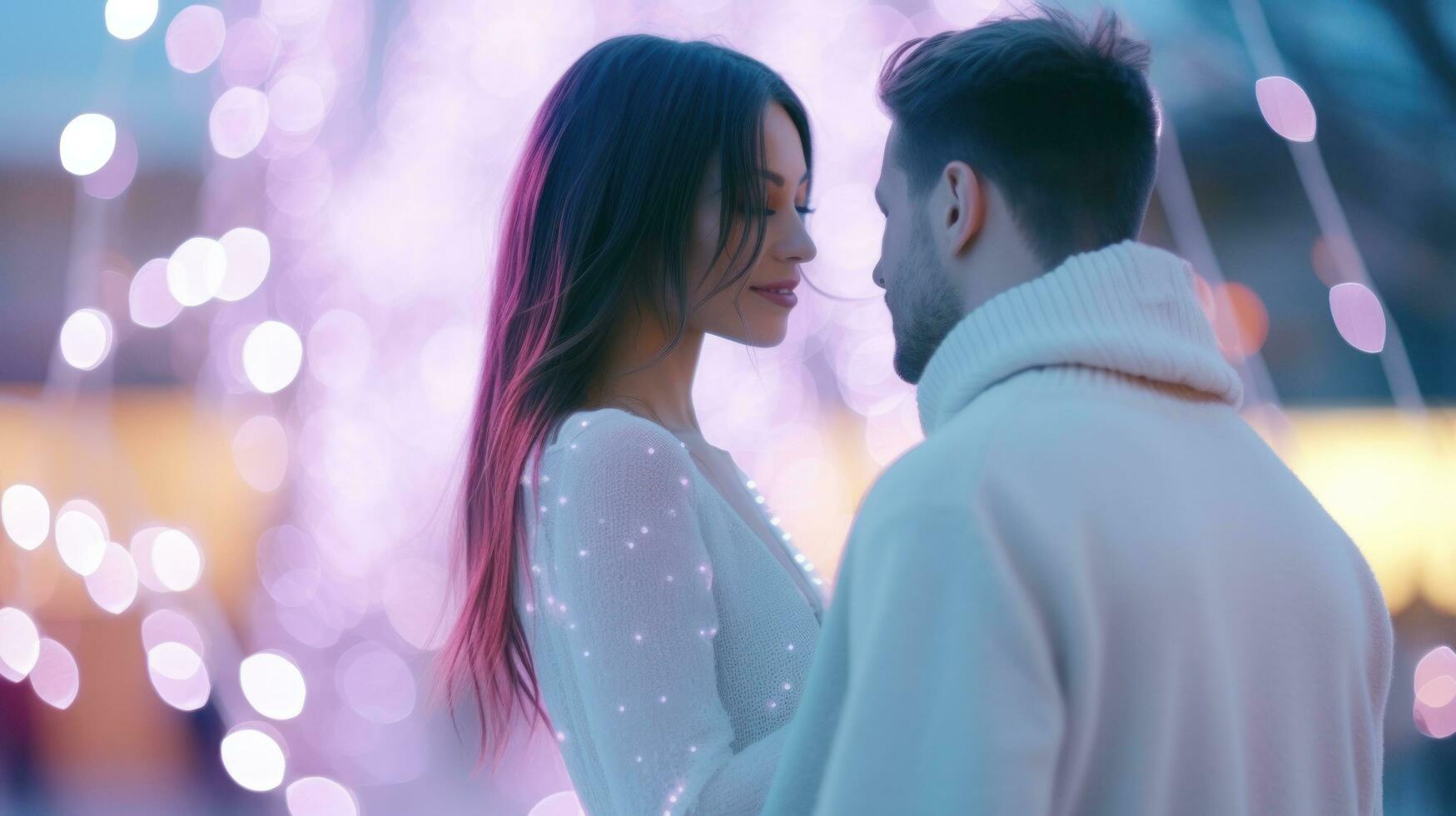 ai generado amantes compartiendo un momento en un espacio decorado con romántico luces. generativo ai foto