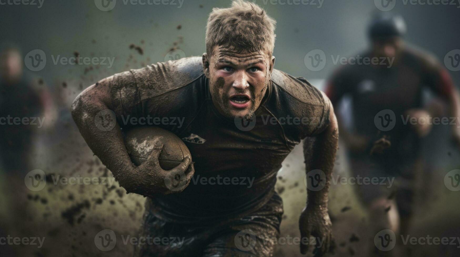 AI generated A rugby player covered in mud, running with a ball during a game. Generative AI photo