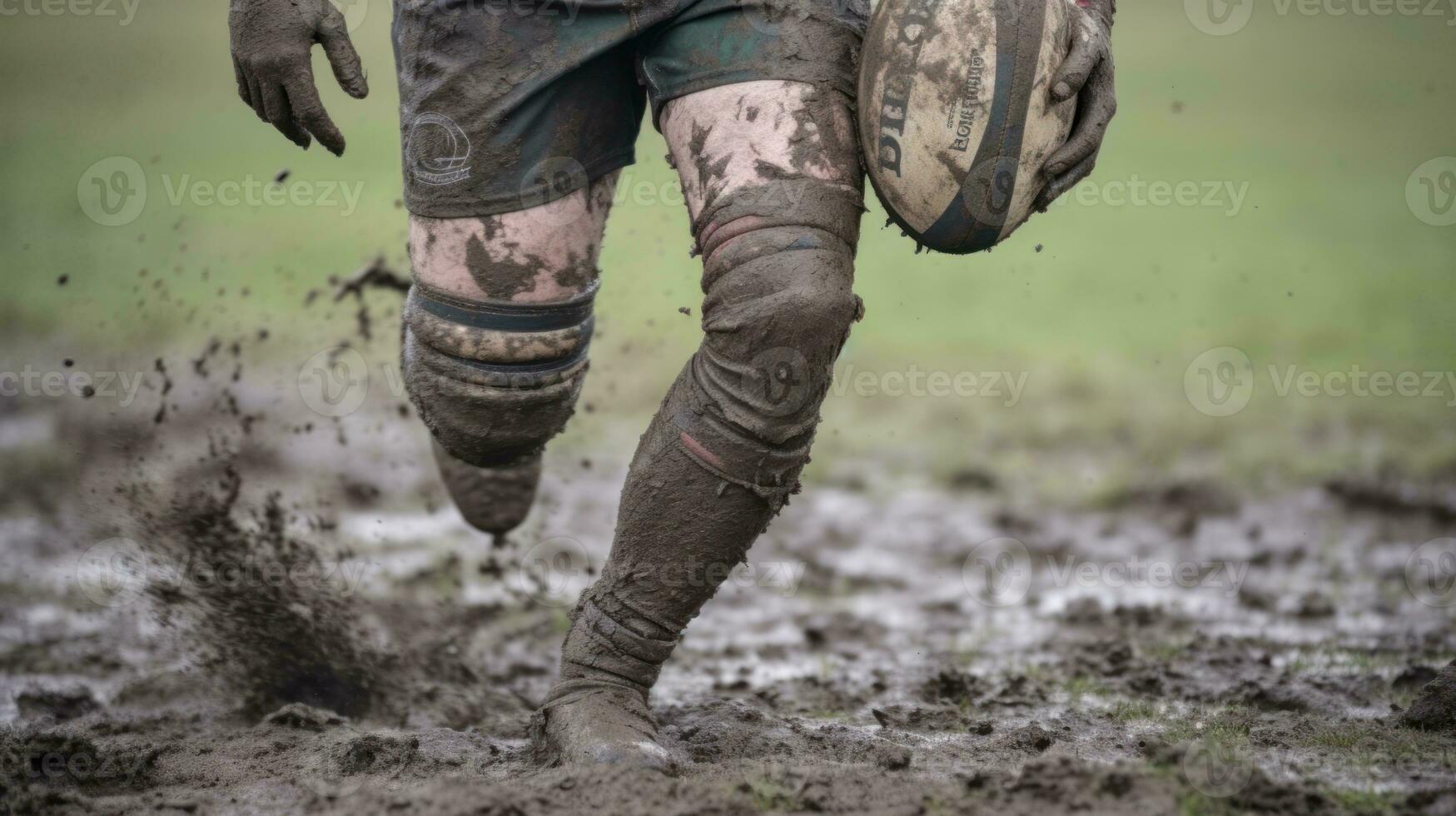 AI generated A rugby player covered in mud, sprinting with a ball in hand. Generative AI photo