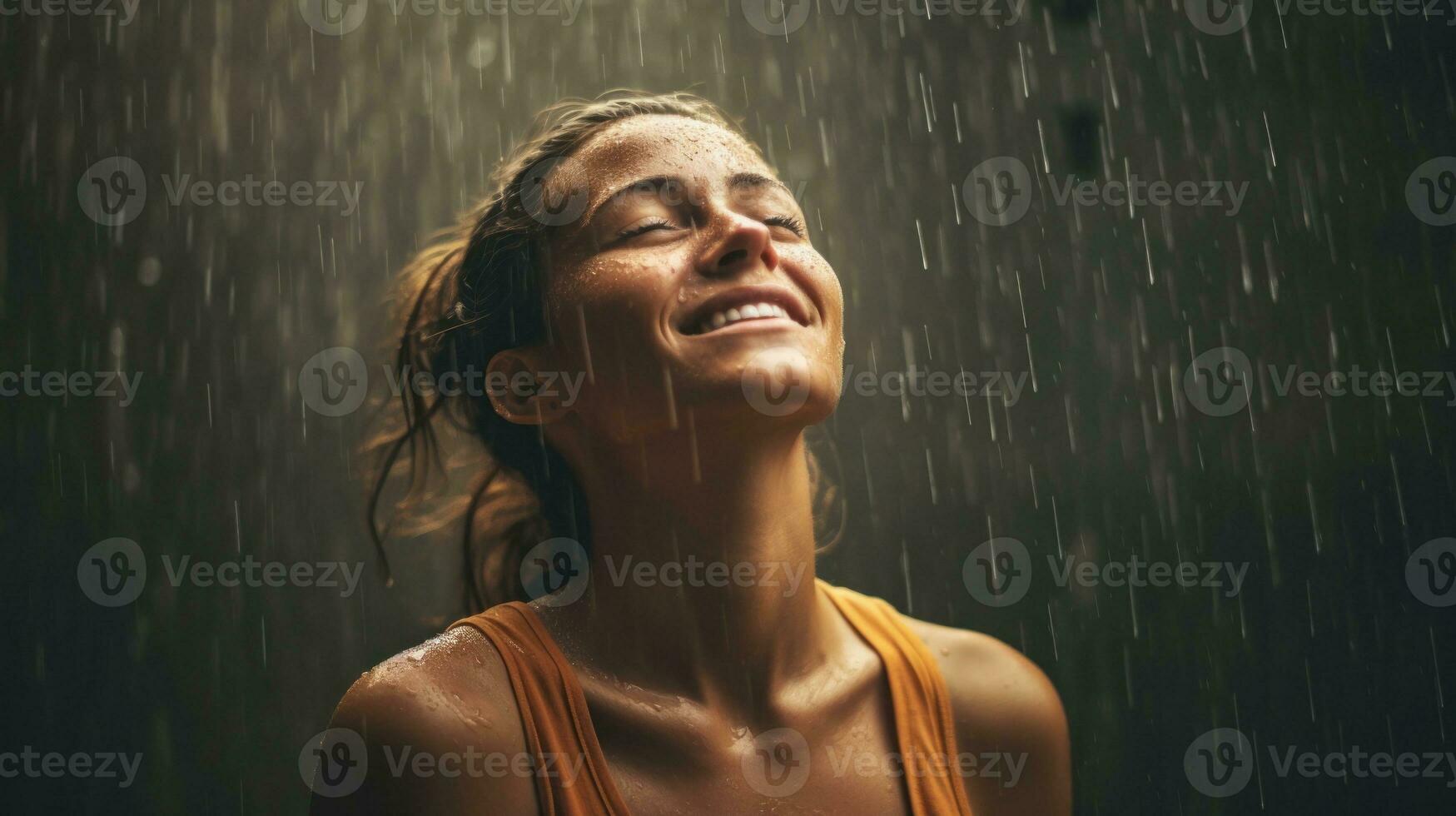 AI generated A woman joyfully stands under a rain shower, her face beaming with a smile. Generative AI photo
