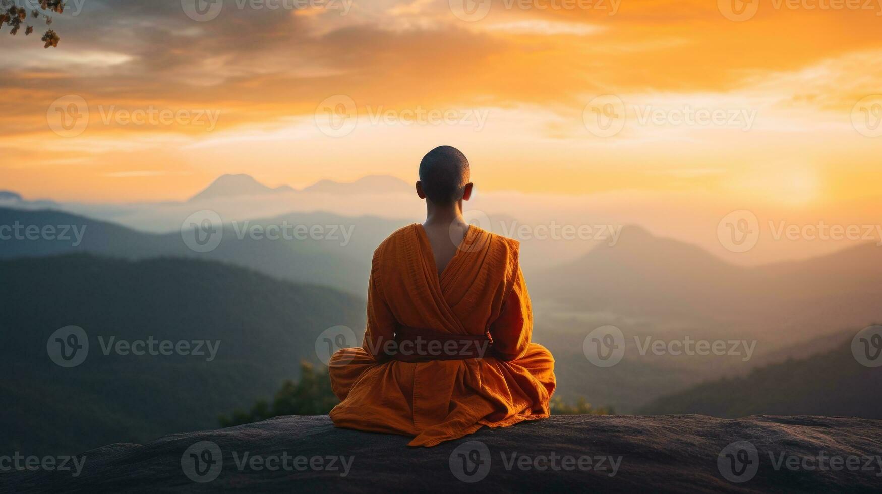 AI generated A serene monk sitting on a rock, contemplating the beauty of the sunset. Generative AI photo