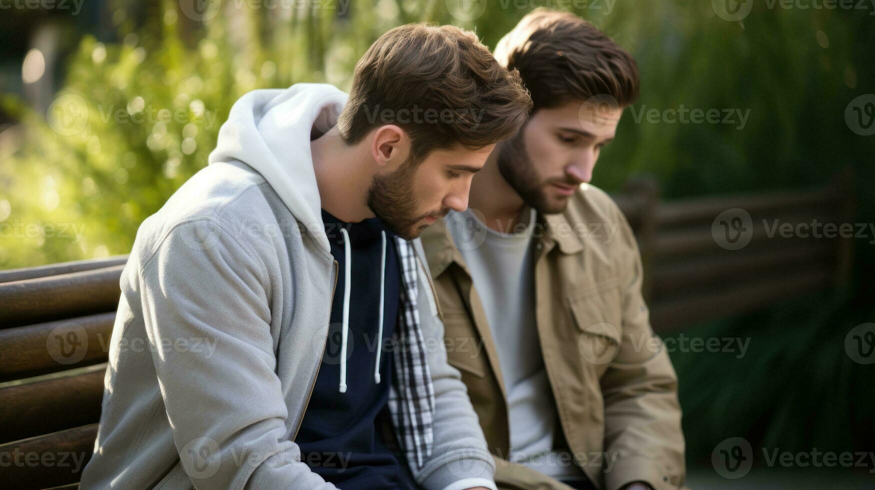 AI generated Two friends sharing a sad moment with each other on a park bench. Generative AI photo