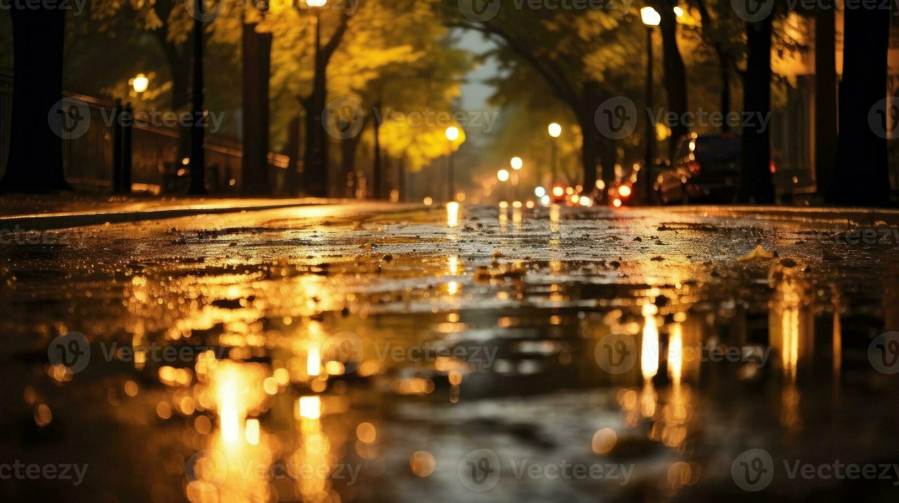 AI generated A rainy night street with trees and lights illuminating the scene. Generative AI photo