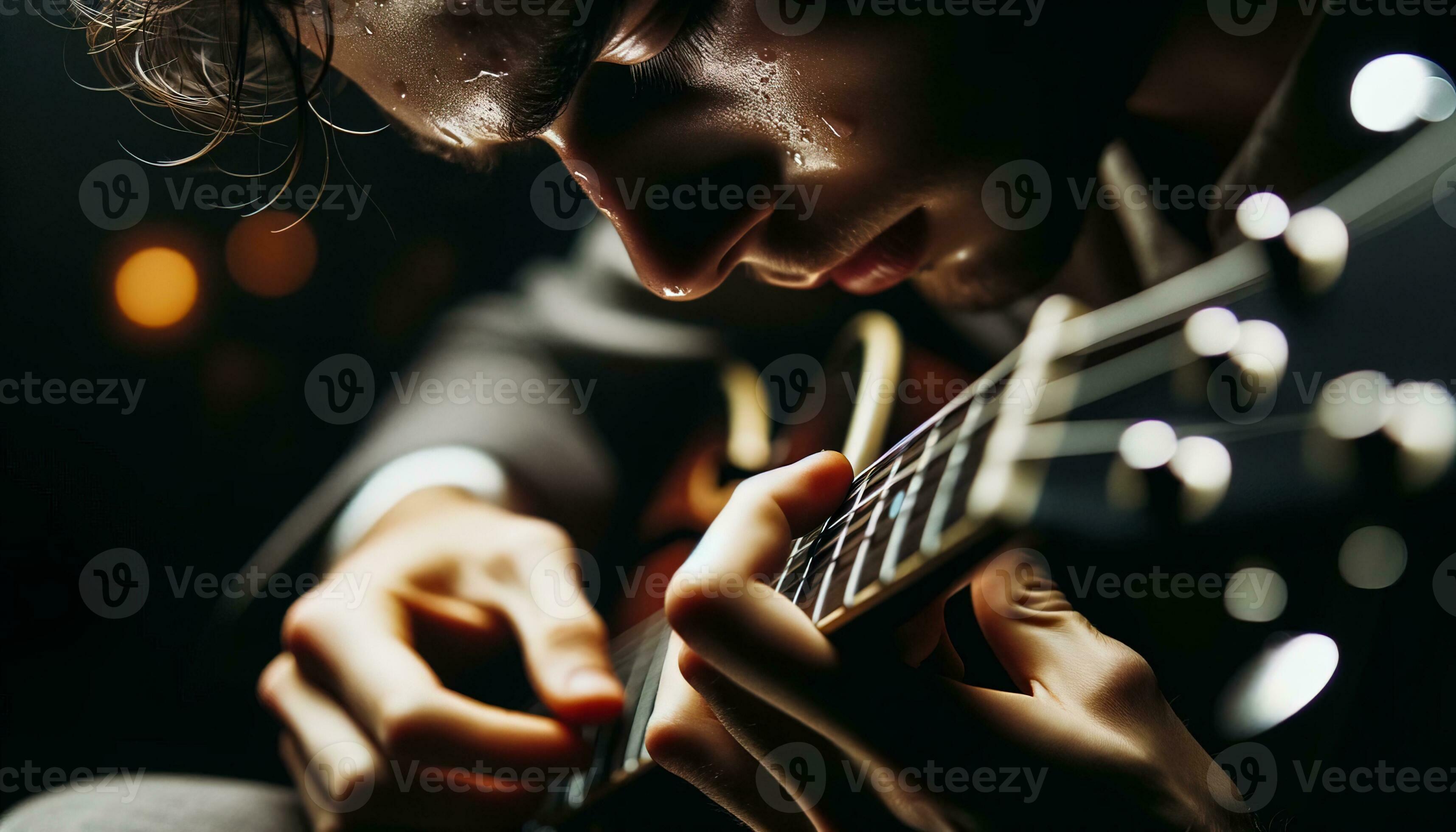AI generated A musician strums an electric guitar, fingers moving