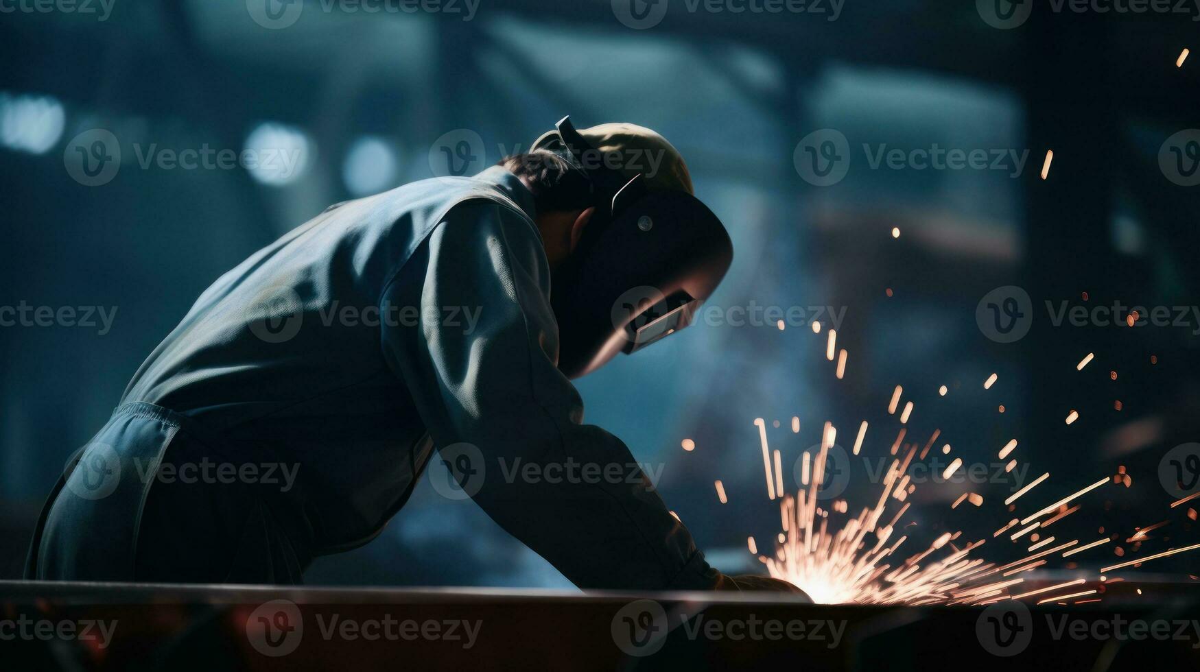 AI generated A welder welds steel in a factory, creating sparks and working with precision. Generative AI photo
