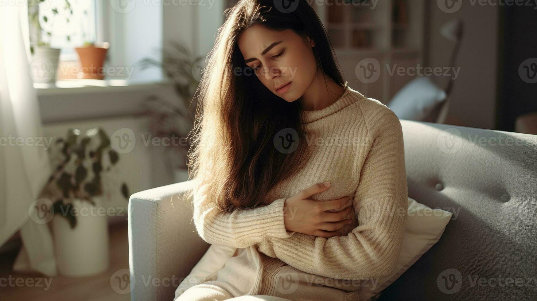 AI generated A woman with stomach ache sitting on the couch. Generative AI photo