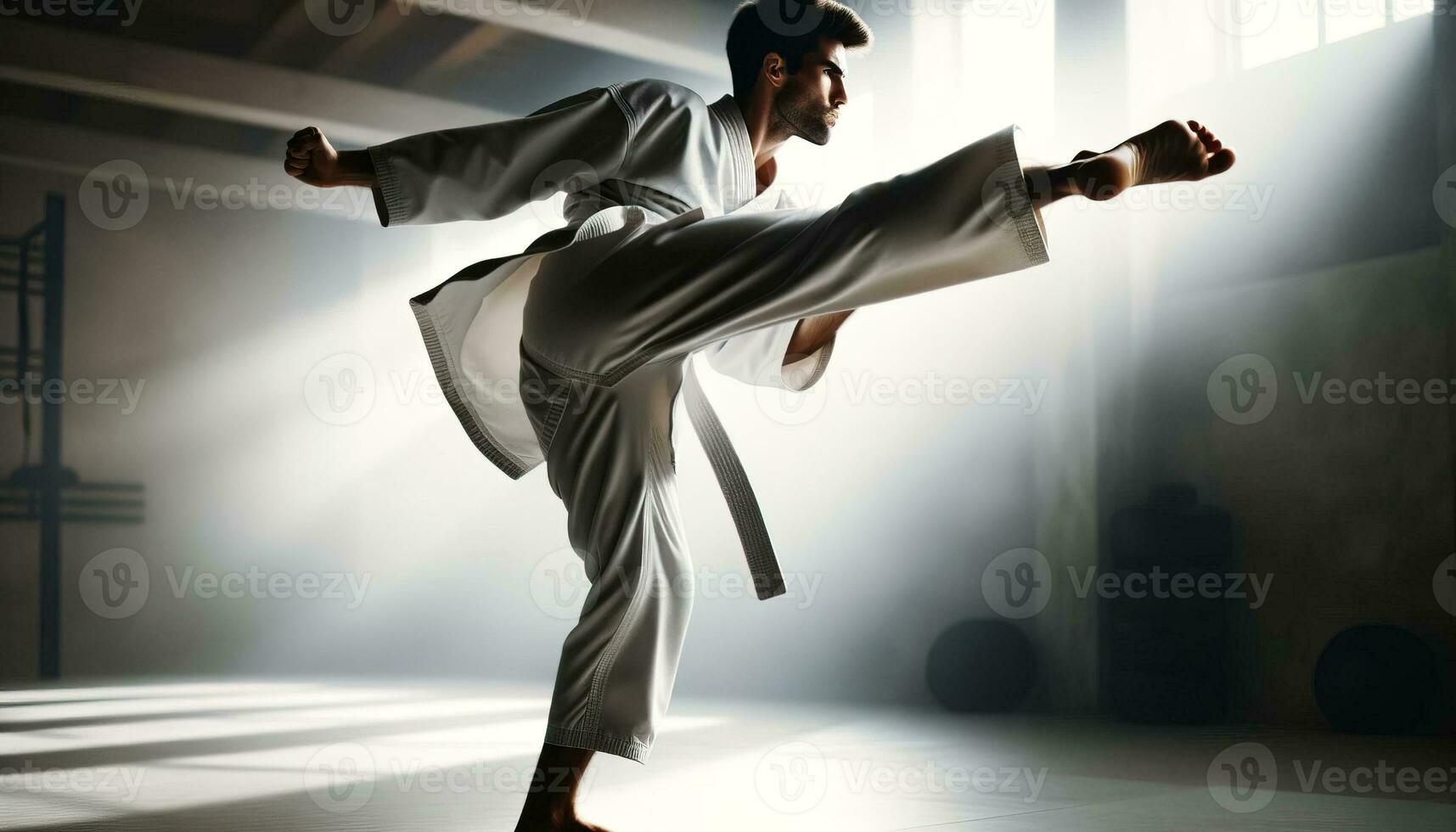 AI generated A man in a karate outfit performing a high kick with focused determination and precision. Generative AI photo