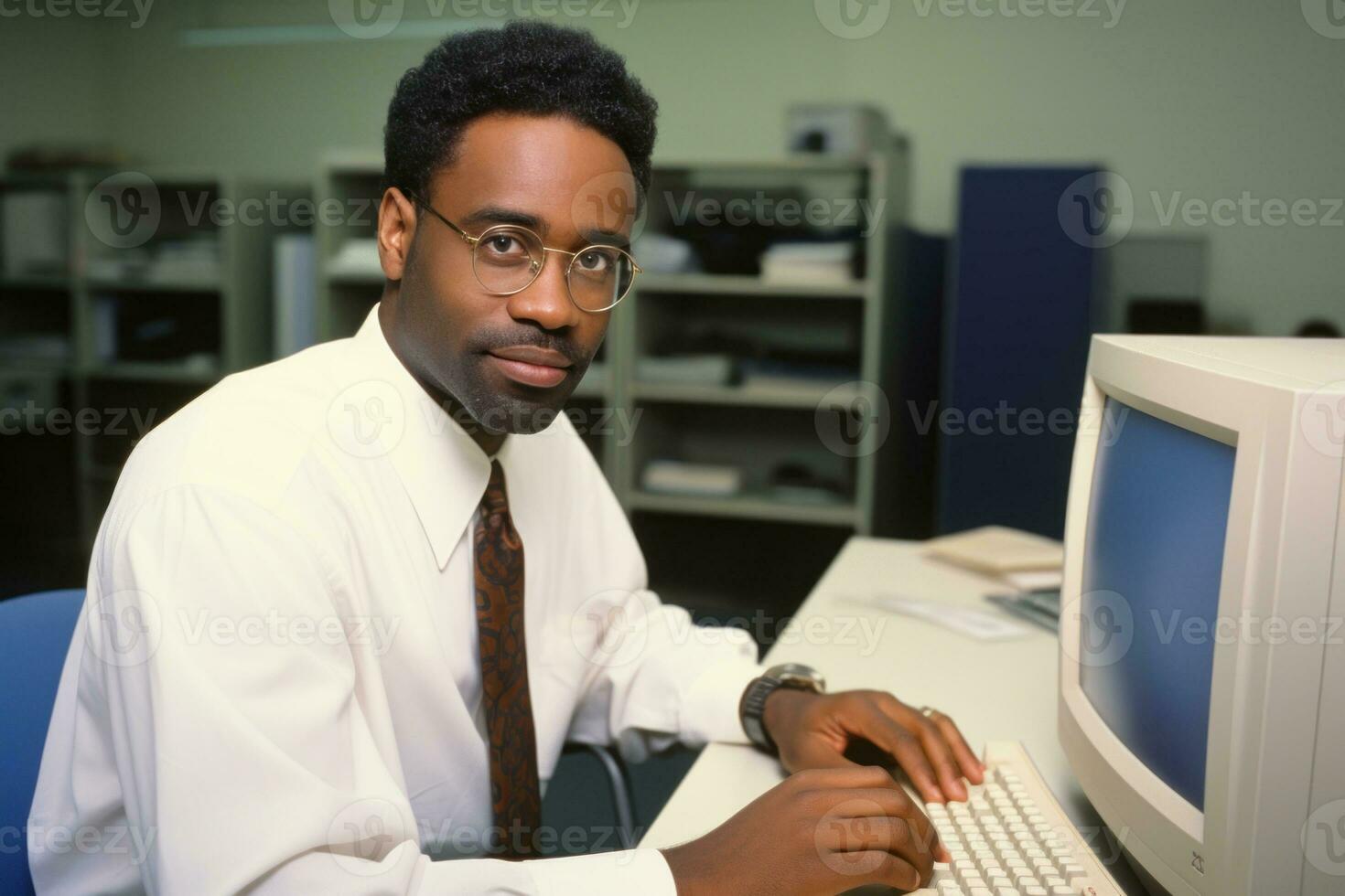 ai generado hombre en el 1990s utilizando un computadora. generativo ai foto