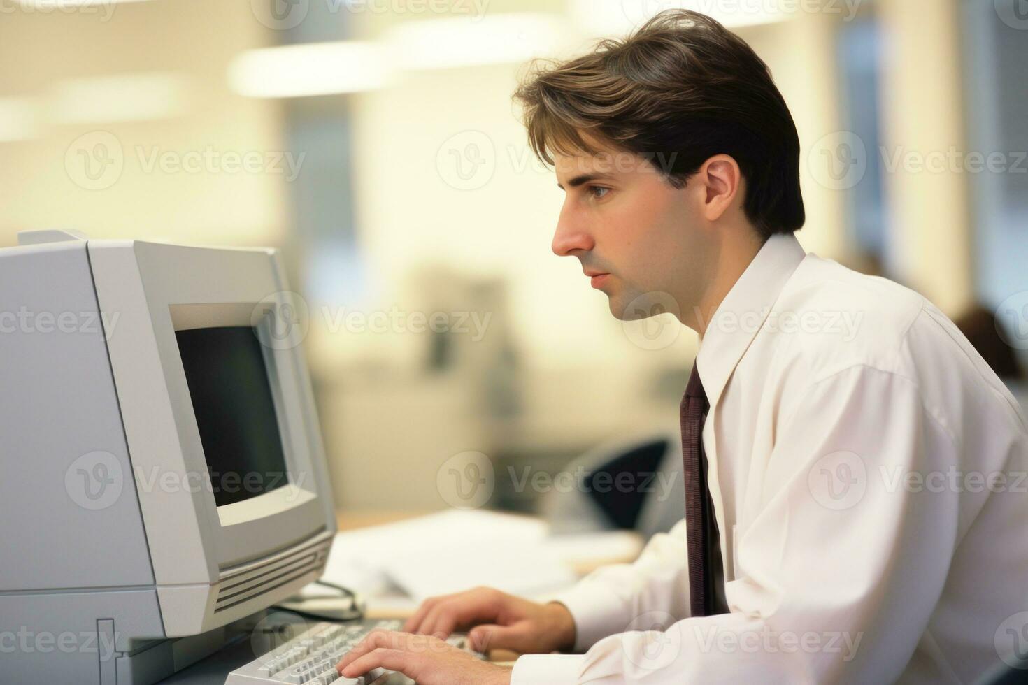 ai generado hombre en el 1990s utilizando un computadora. generativo ai foto