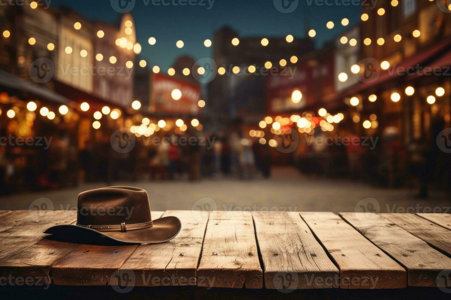 AI generated Wooden table empty space against illuminated on a fall night in vintage town. Generative AI photo