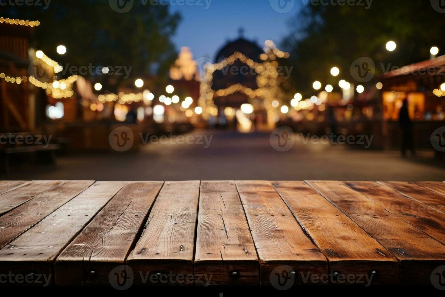 AI generated Wooden table empty space against illuminated on a fall night in vintage town. Generative AI photo