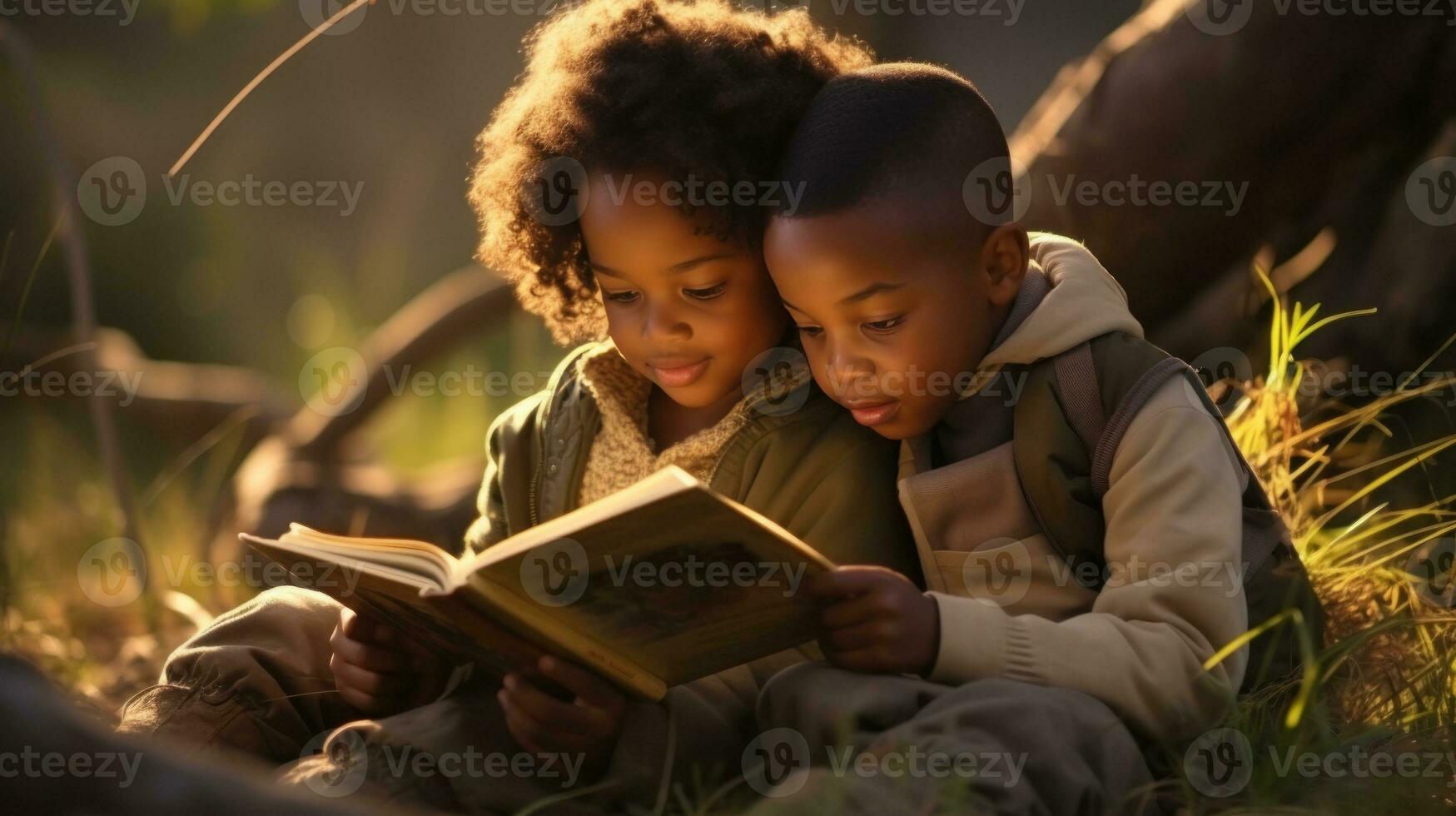 ai generado contento niños niños leyendo libro juntos a el campo concepto niños día. generativo ai foto