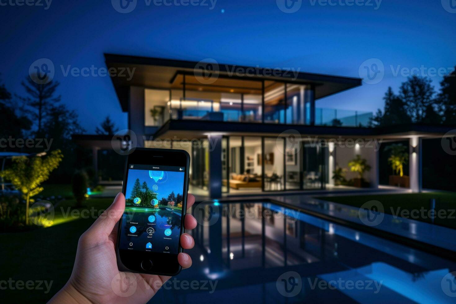 AI generated Smart home solutions, remote control via mobile devices and energy optimization. Generative AI photo