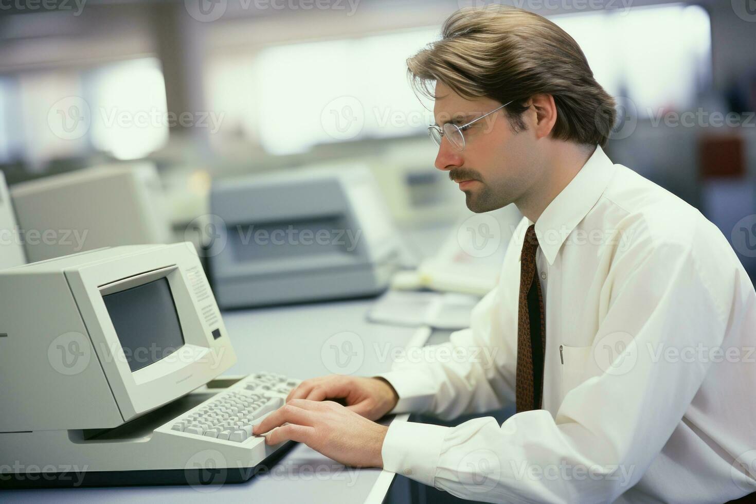 AI generated Man in the 1990s using a computer. Generative AI photo