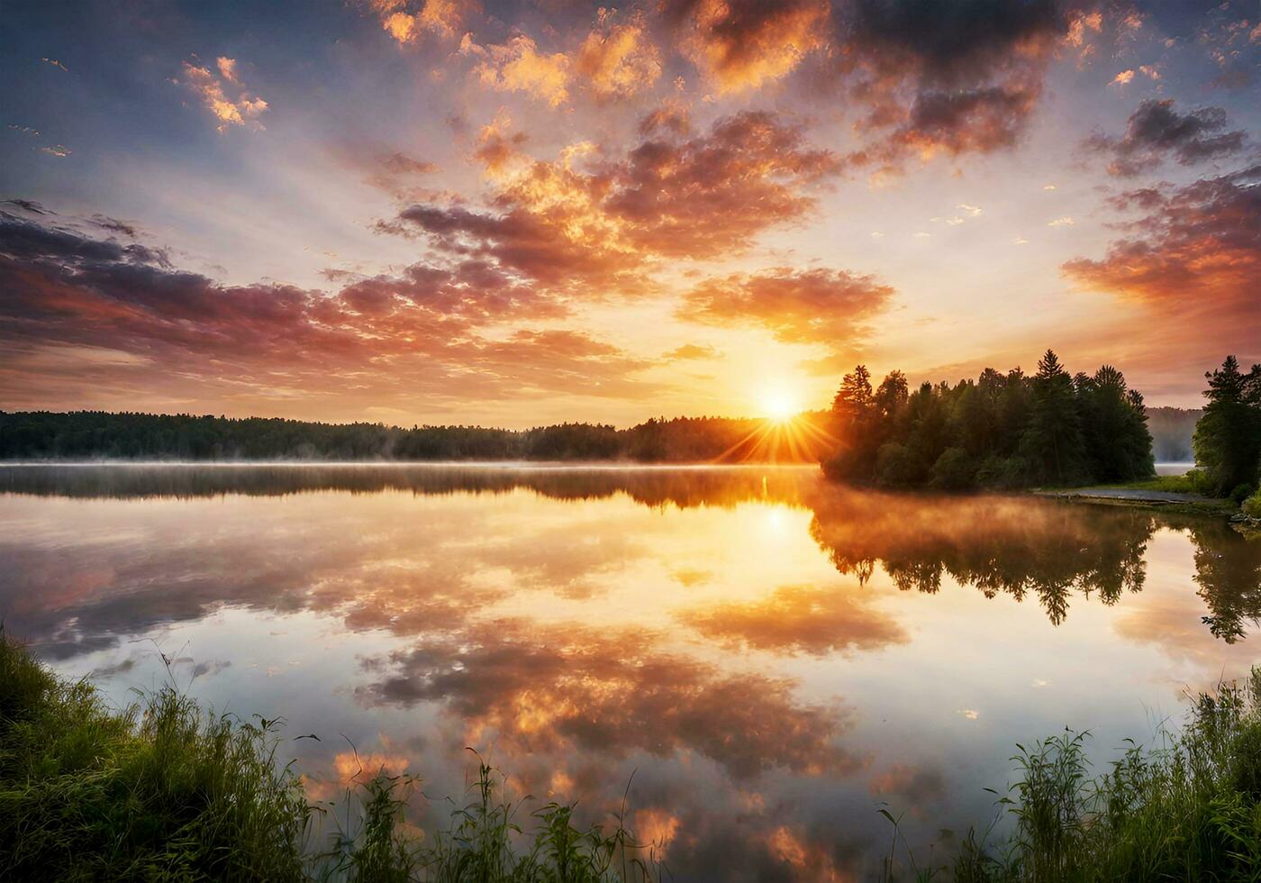 AI generated Beautiful sunset on lake photo