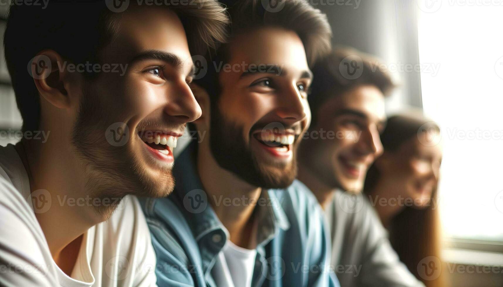 AI generated Friends whose faces are adorned with warm smiles are spending time happily. Generative AI photo