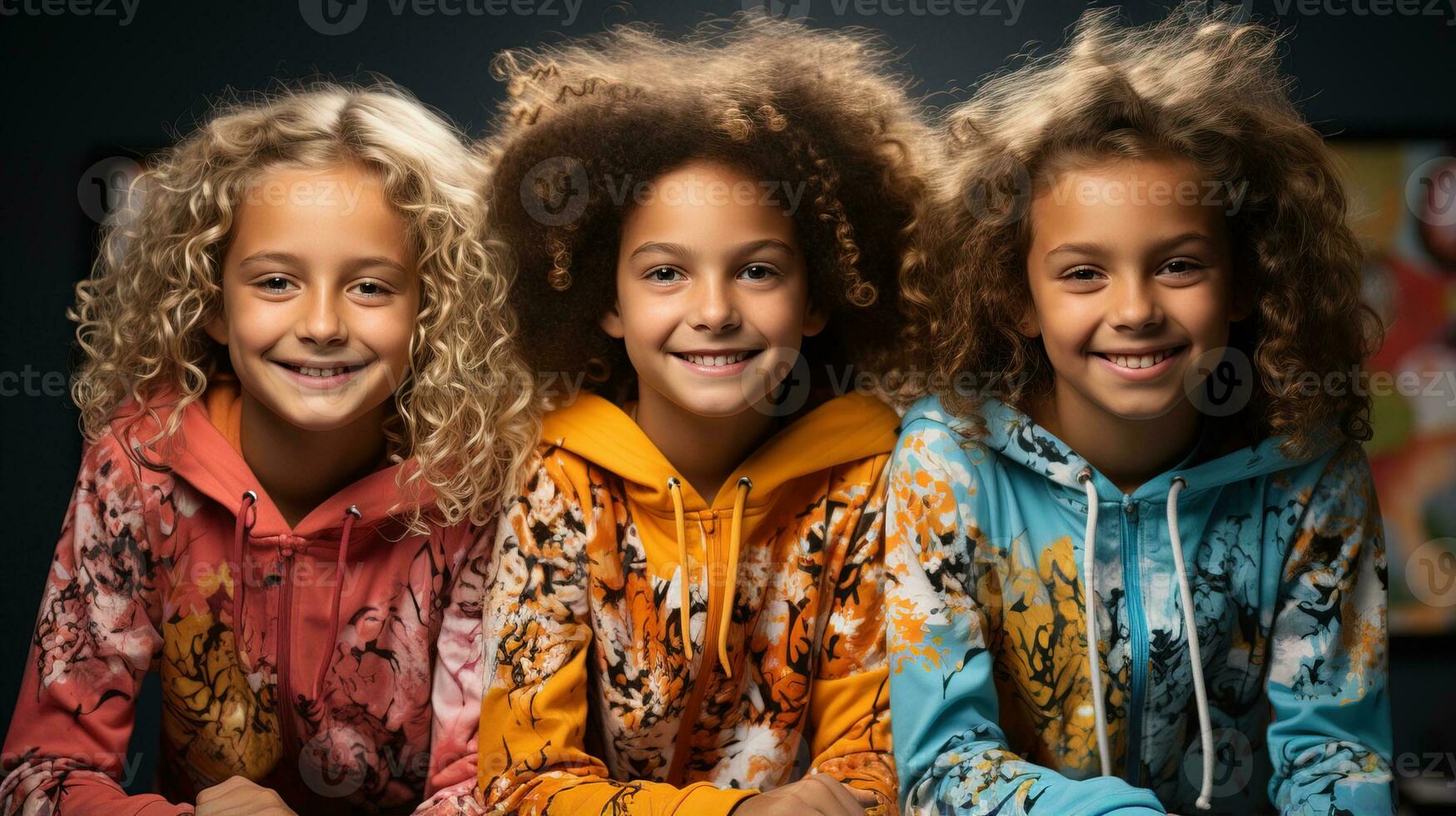 ai generado Tres amigos sonriente felizmente en negro antecedentes. generativo ai foto