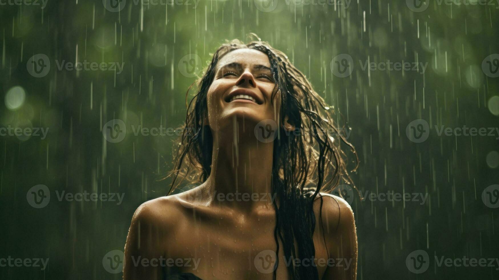 AI generated A woman joyfully stands under a rain shower, her face beaming with a smile. Generative AI photo