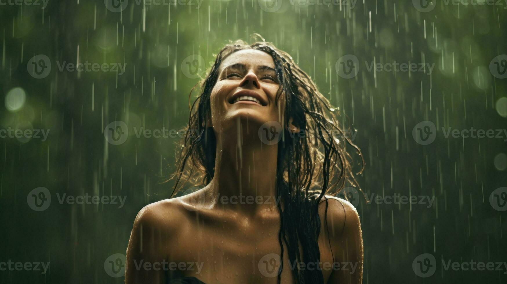 ai generado un mujer alegremente soportes debajo un lluvia ducha, su cara radiante con un sonrisa. generativo ai foto