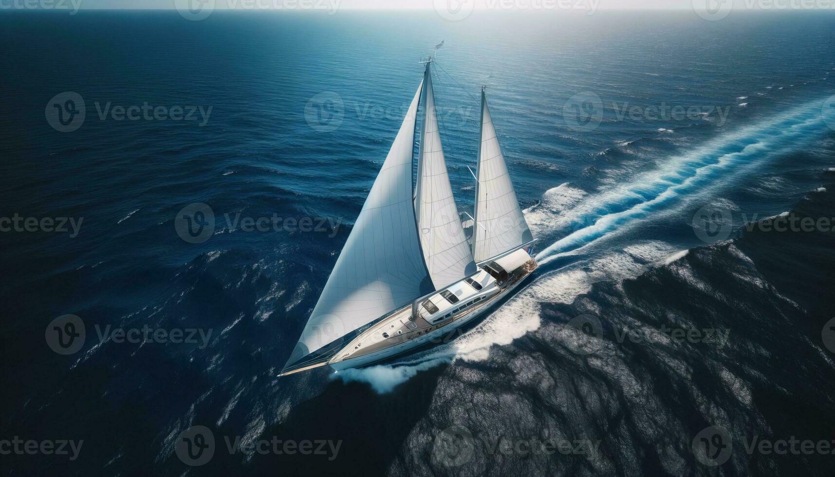 AI generated An aerial view of a sailboat sailing gracefully on the vast expanse of the ocean. Generative AI photo