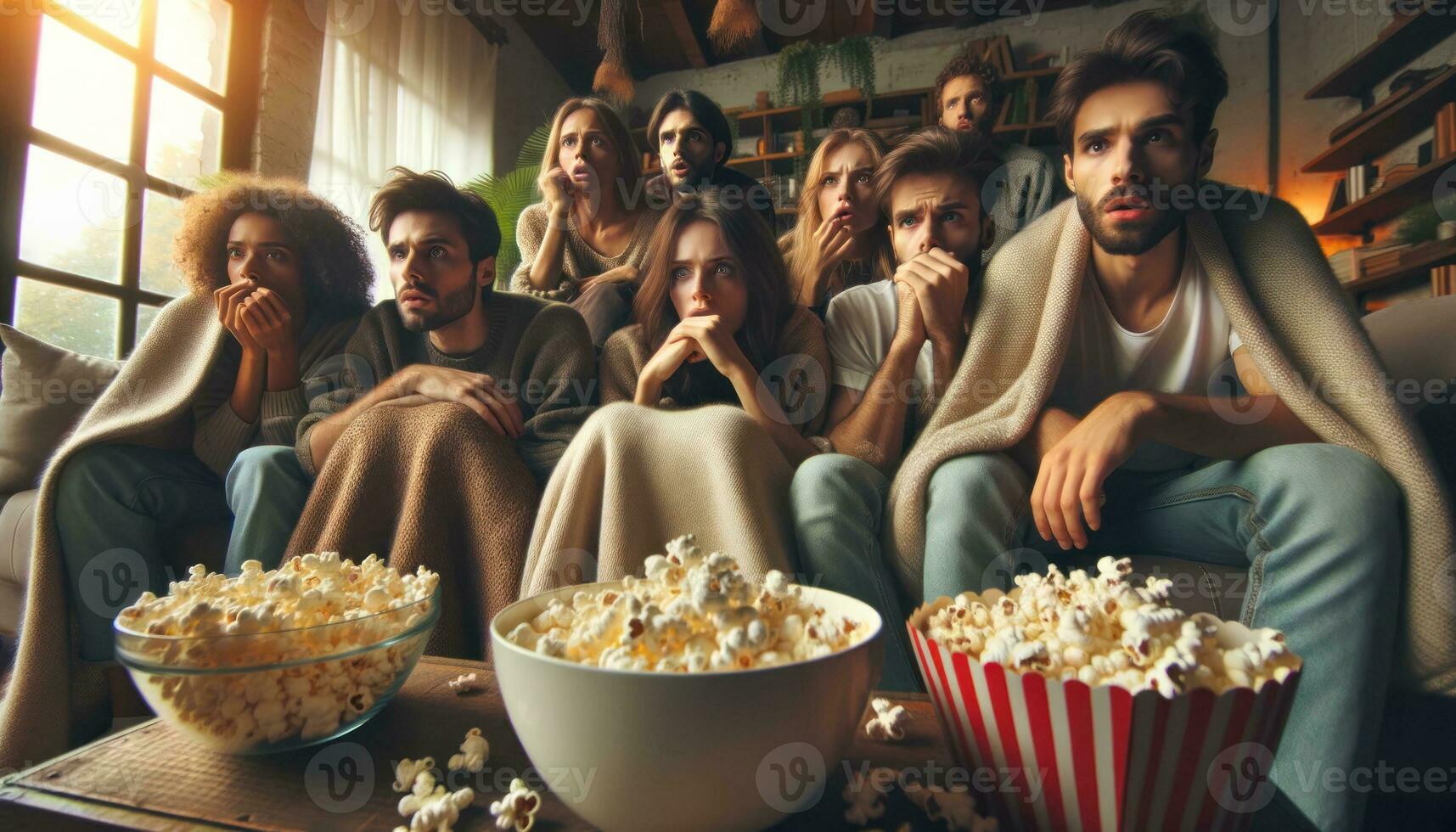 AI generated A group of friends sit on the couch and enjoy watching a movie while eating popcorn together. Generative AI photo