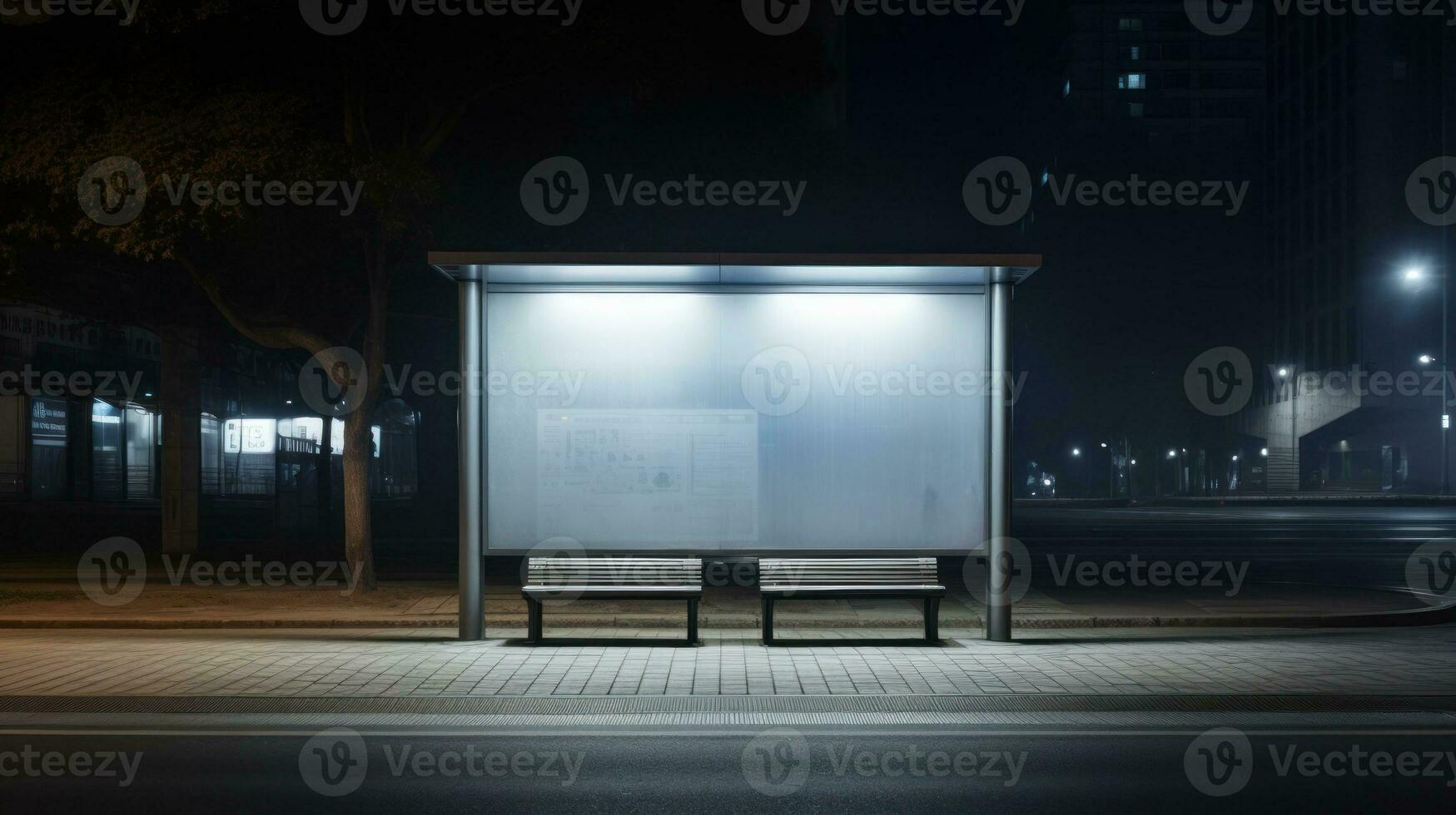 AI generated A night scene at a bus stop with empty benches under dim streetlights, waiting for passengers. Generative AI photo