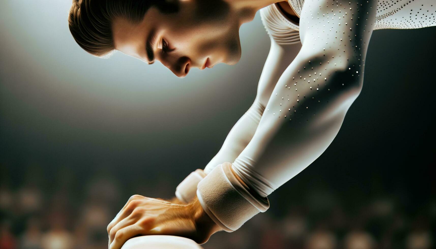 AI generated A male gymnast in a white uniform performs a handstand on the balance beam, showcasing his impressive strength and balance. Generative AI photo